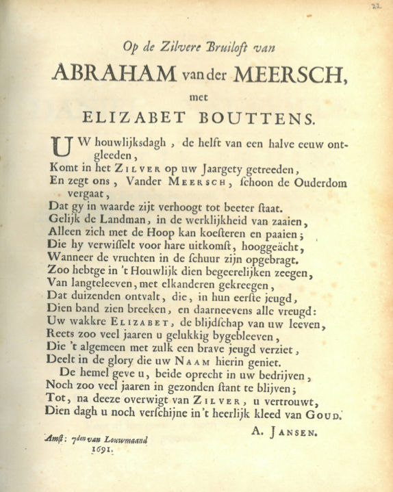 Titelpagina van het gelegenheidsgedicht (1691)