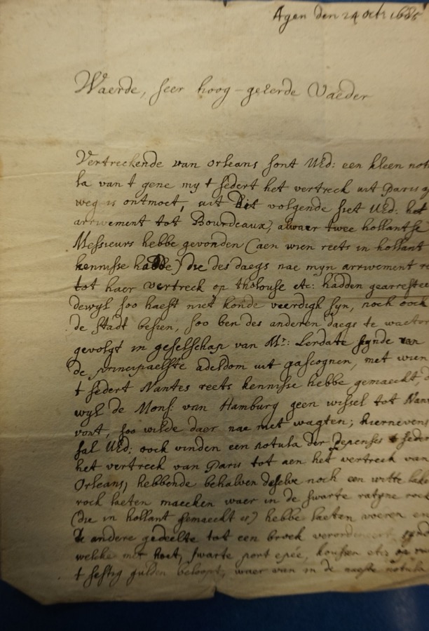 Brief van Wicher Pott aan zijn vader, Agen 1685